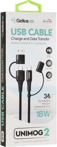 USB кабель Gelius Pro Unimog 2 GP-UC106 4in1 (USB-A/Type to Type-C/Lightning) PD 18W/1 м Black  Гаджети