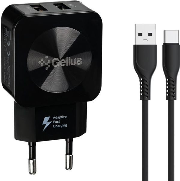 Мережевий зарядний пристрій Gelius Ultra Prime GU-HC02 2USB 2.1A Black + кабель Type-C Купити